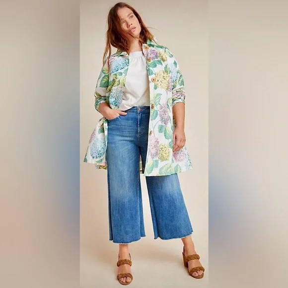 Anthropologie Mellie‎ Hydrangea Floral Raincoat Linen Trench Jacket Soft Girl - Picture 3 of 12